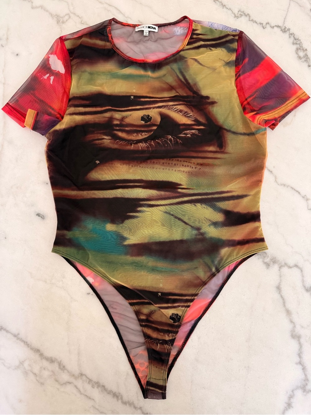 Fashion Nova Multicolor Graphic Mesh Bodysuit